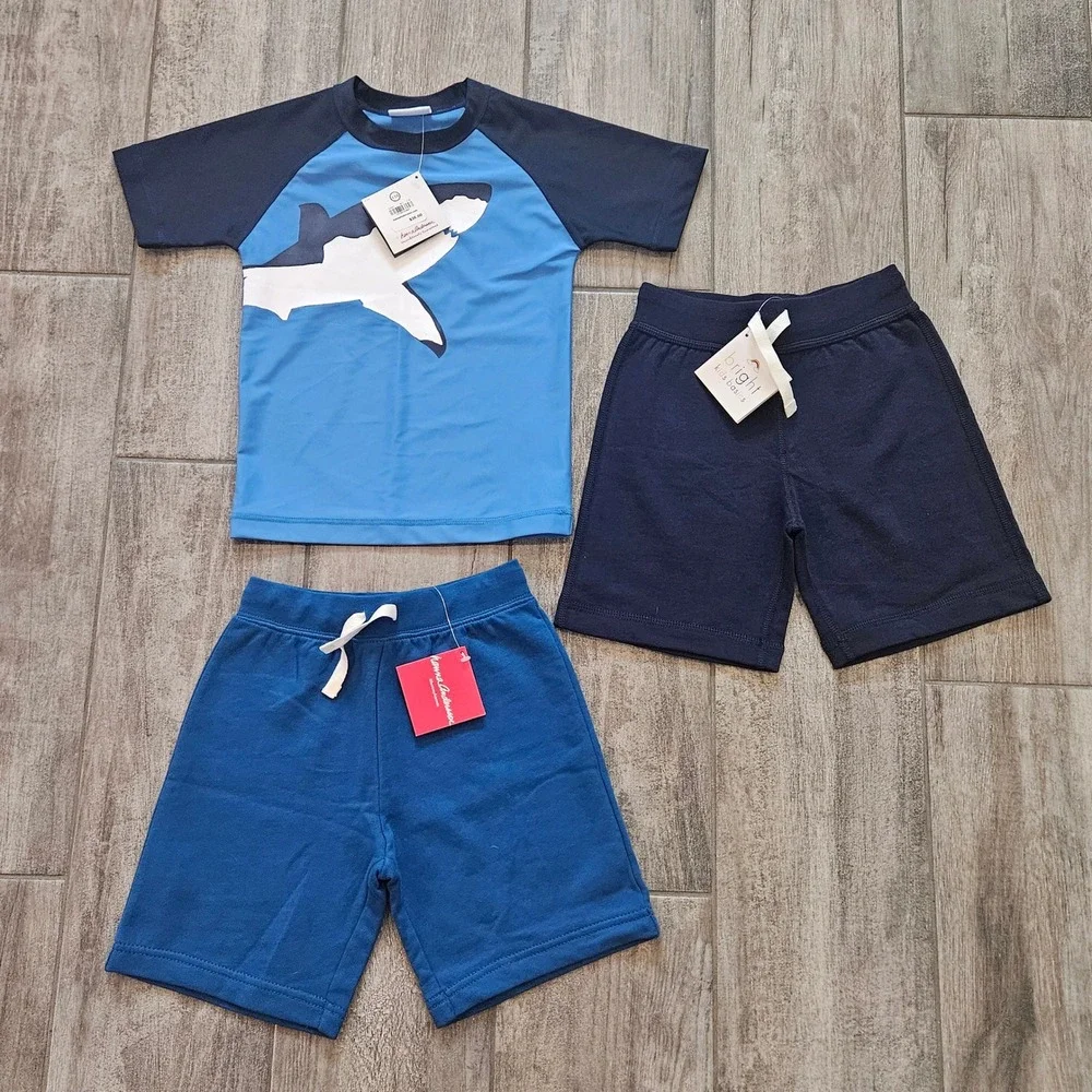 Hanna Andersson Swim Rash Guard Shorts Kids 110 Blue Shark NEW Sunblock UV Set
